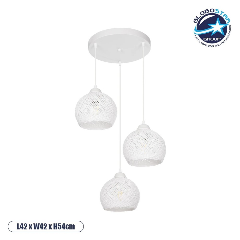 GLOBOSTAR® YASAM 203-0023 Vintage Κρεμαστό Φωτιστικό Οροφής με Ντουί 3 x E27 AC 220-240V IP20 - Λευκό - Μ42 x Π42 x Υ54cm